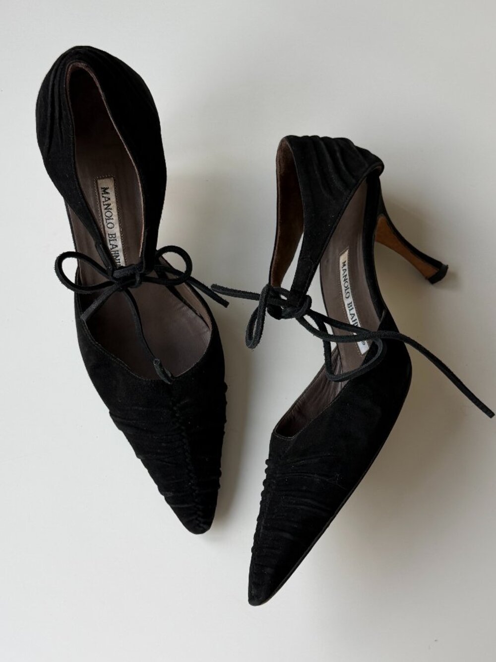 Vintage Manolo Blahnik Black Suede Lace-Up Pointed Heels, IT 39/approx. US 8-8.5